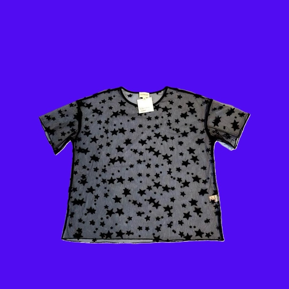 Lala Factory Black Mesh Star Top Sheer Short Sleeve Goth Rave Festival Celestial